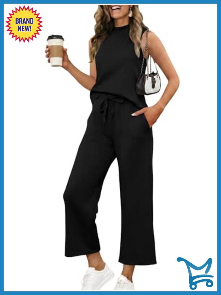 Mock Neck Crop Pants Set Women 2 Piece Wide Leg Jogger Travel Vacation Lounge